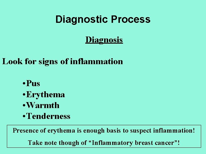 Diagnostic Process Diagnosis Look for signs of inflammation • Pus • Erythema • Warmth