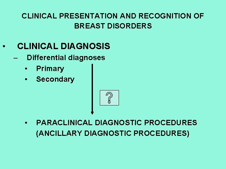CLINICAL PRESENTATION AND RECOGNITION OF BREAST DISORDERS • CLINICAL DIAGNOSIS – Differential diagnoses •
