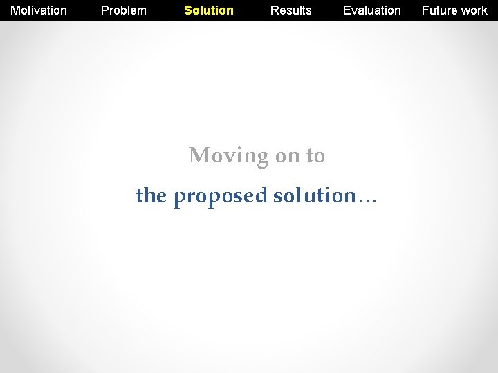 Motivation Problem Solution Results Evaluation Moving on to the proposed solution… Future work 