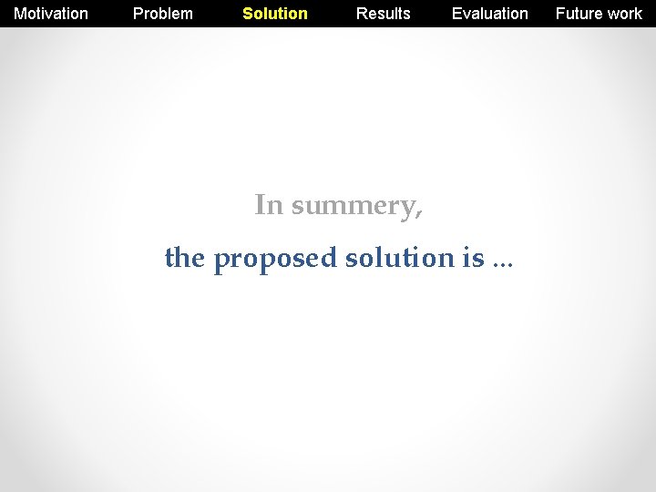 Motivation Problem Solution Results Evaluation In summery, the proposed solution is. . . Future