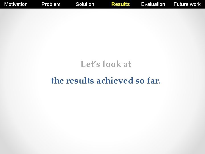 Motivation Problem Solution Results Evaluation Let’s look at the results achieved so far. Future