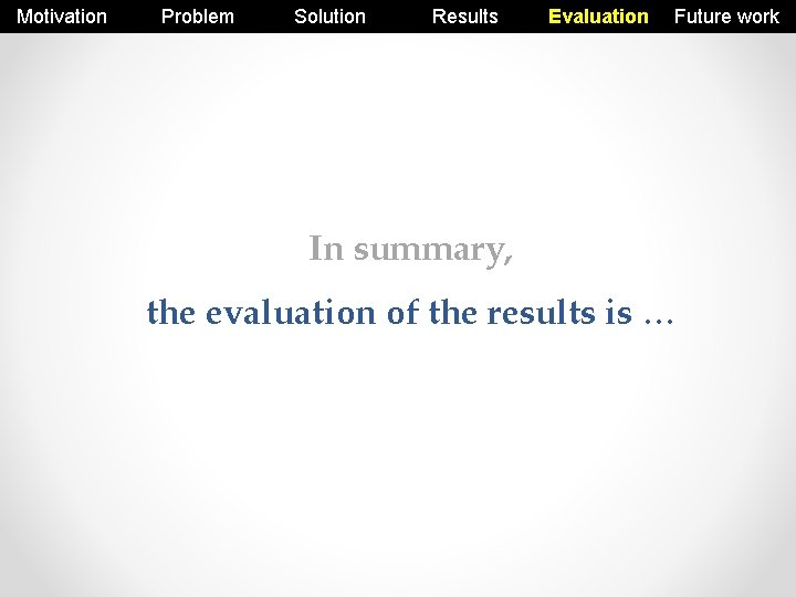 Motivation Problem Solution Results Evaluation Future work In summary, the evaluation of the results