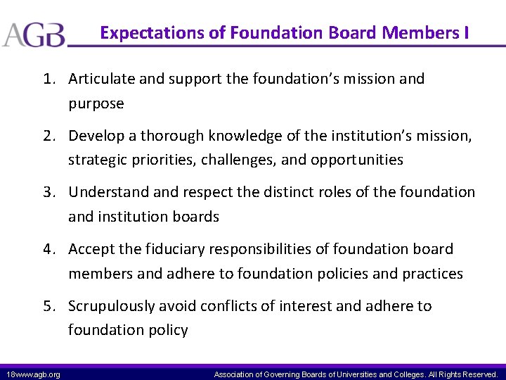 Expectations of Foundation Board Members I 1. Articulate and support the foundation’s mission and