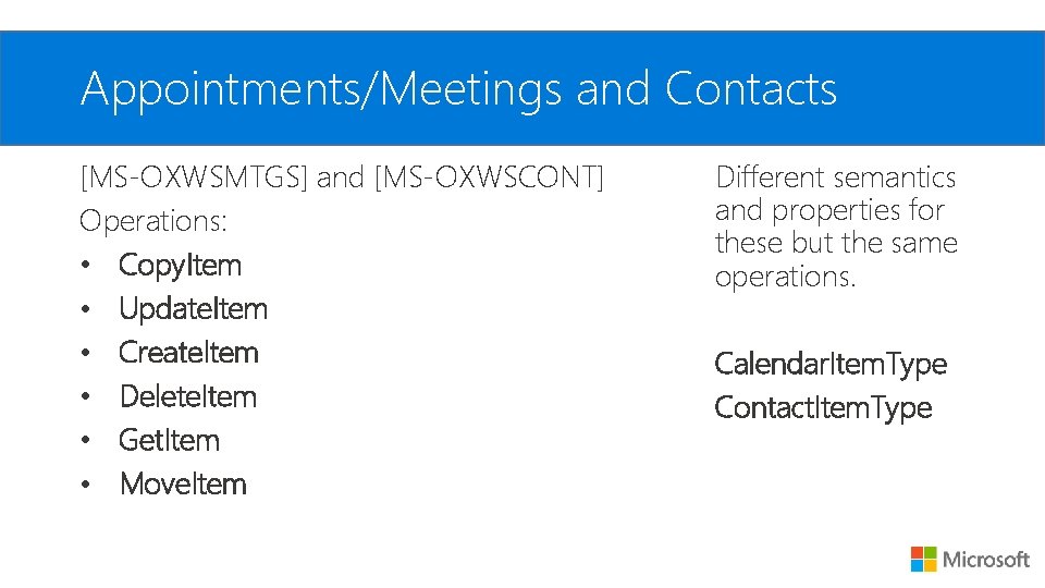 Appointments/Meetings and Contacts [MS-OXWSMTGS] and [MS-OXWSCONT] Operations: • Copy. Item • Update. Item •
