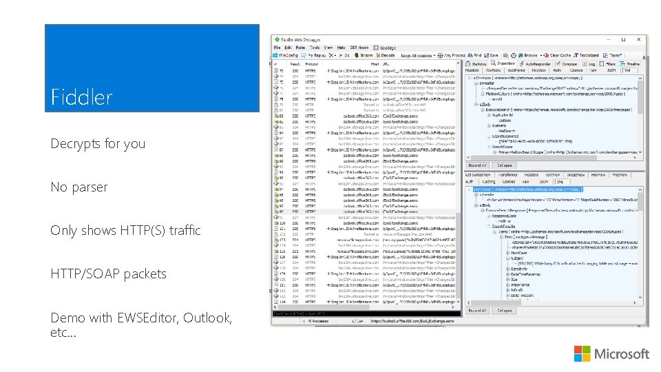 Fiddler Decrypts for you No parser Only shows HTTP(S) traffic HTTP/SOAP packets Demo with