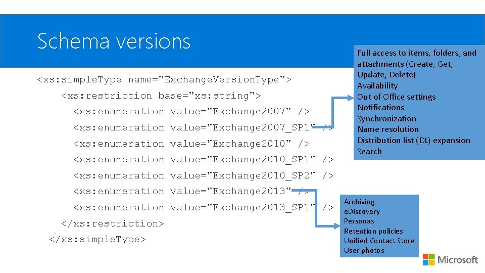 Schema versions <xs: simple. Type name="Exchange. Version. Type"> <xs: restriction base="xs: string"> <xs: enumeration