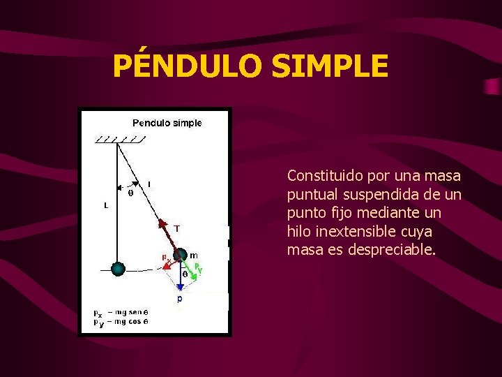 PÉNDULO SIMPLE Constituido por una masa puntual suspendida de un punto fijo mediante un