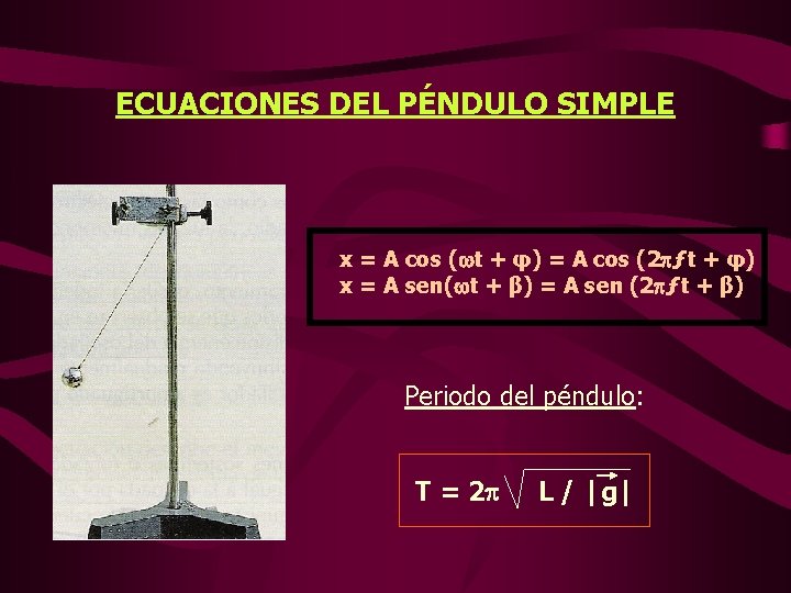 ECUACIONES DEL PÉNDULO SIMPLE x = A cos (wt + φ) = A cos