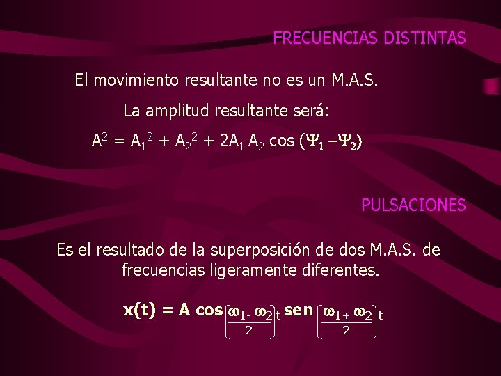 FRECUENCIAS DISTINTAS El movimiento resultante no es un M. A. S. La amplitud resultante