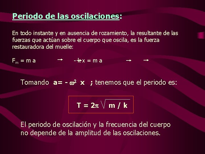 Periodo de las oscilaciones: En todo instante y en ausencia de rozamiento, la resultante