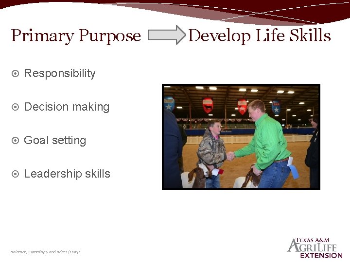 Primary Purpose Responsibility Decision making Goal setting Leadership skills Boleman, Cummings, and Briers (2005)