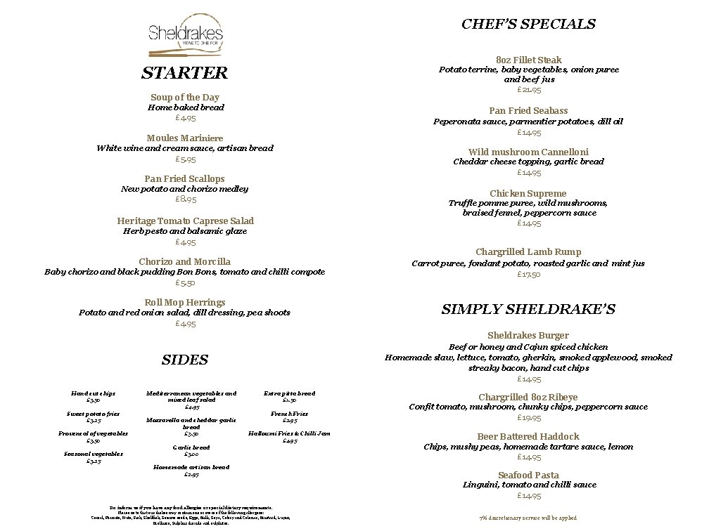 CHEF’S SPECIALS 8 oz Fillet Steak STARTER Potato terrine, baby vegetables, onion puree and