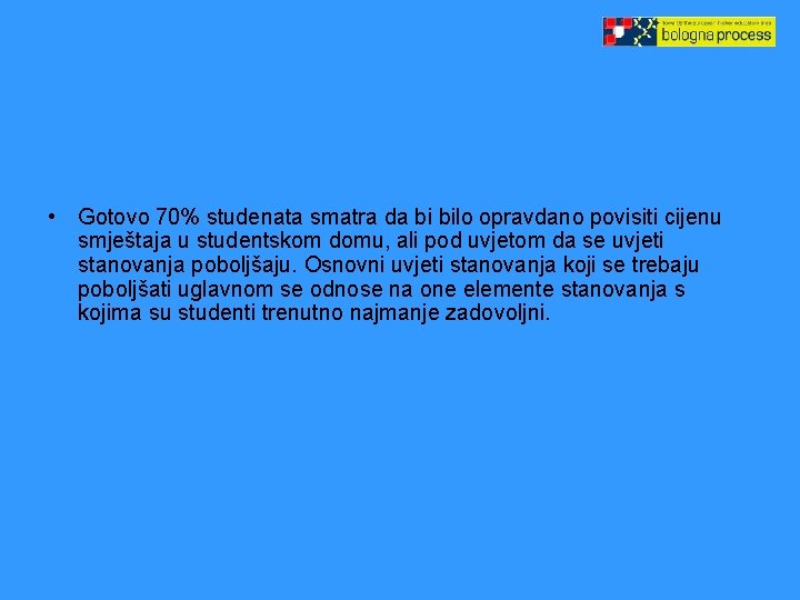  • Gotovo 70% studenata smatra da bi bilo opravdano povisiti cijenu smještaja u