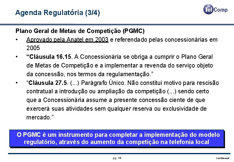 Agenda Regulatória (3/4) Plano Geral de Metas de Competição (PGMC) • Aprovado pela Anatel