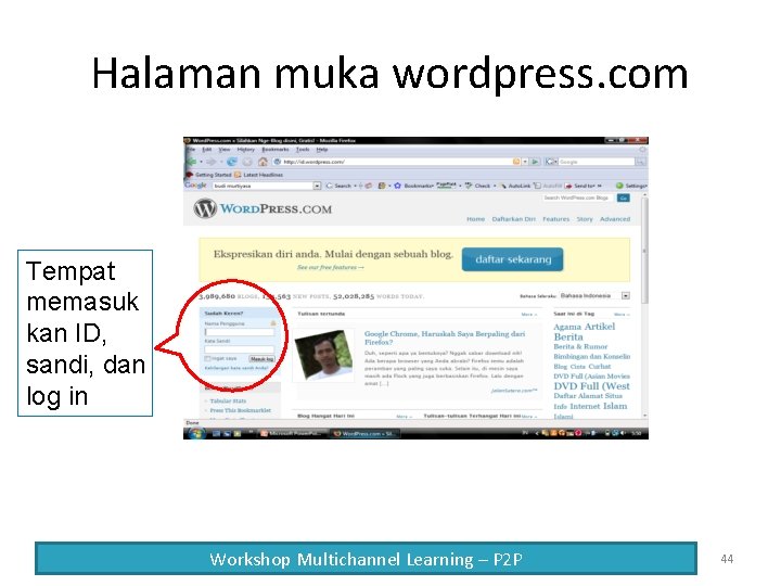 Halaman muka wordpress. com Tempat memasuk kan ID, sandi, dan log in Workshop Multichannel