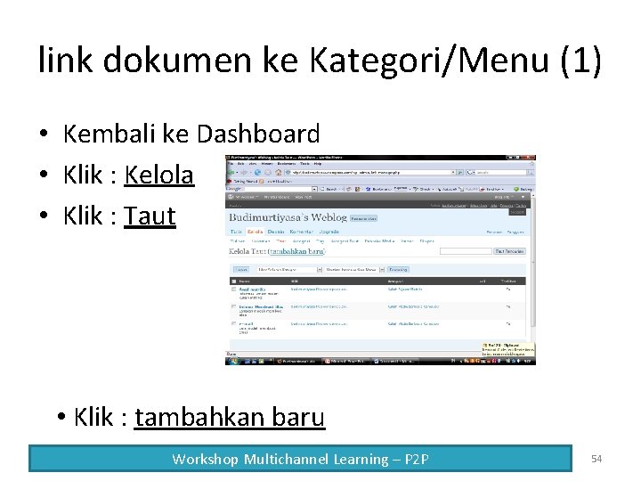 link dokumen ke Kategori/Menu (1) • Kembali ke Dashboard • Klik : Kelola •