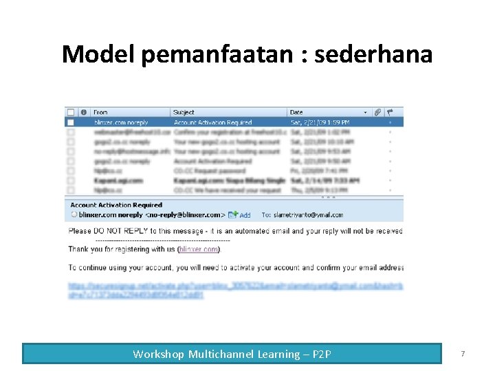 Model pemanfaatan : sederhana Workshop Multichannel Learning – P 2 P 7 