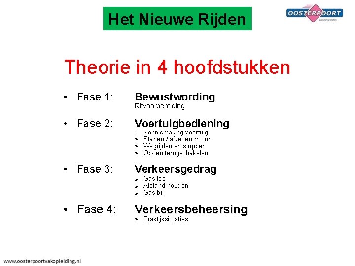 Het Nieuwe Rijden Theorie in 4 hoofdstukken • Fase 1: Bewustwording • Fase 2: