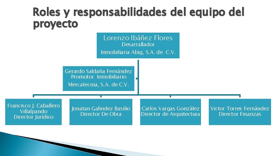 Roles y responsabilidades del equipo del proyecto Lorenzo Ibáñez Flores Desarrallador Inmobiliaria Abig, S.