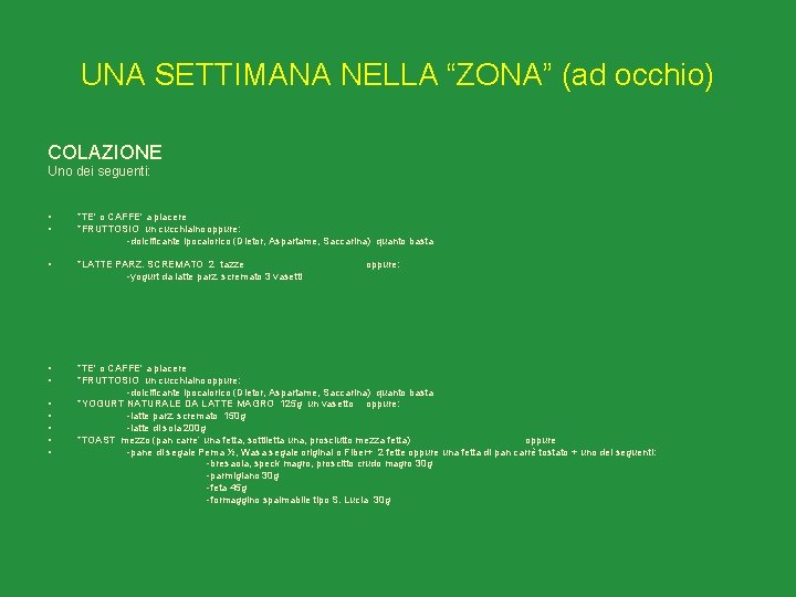 UNA SETTIMANA NELLA “ZONA” (ad occhio) COLAZIONE Uno dei seguenti: • • *TE' o