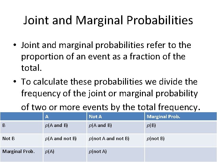 Joint and Marginal Probabilities • Joint and marginal probabilities refer to the proportion of
