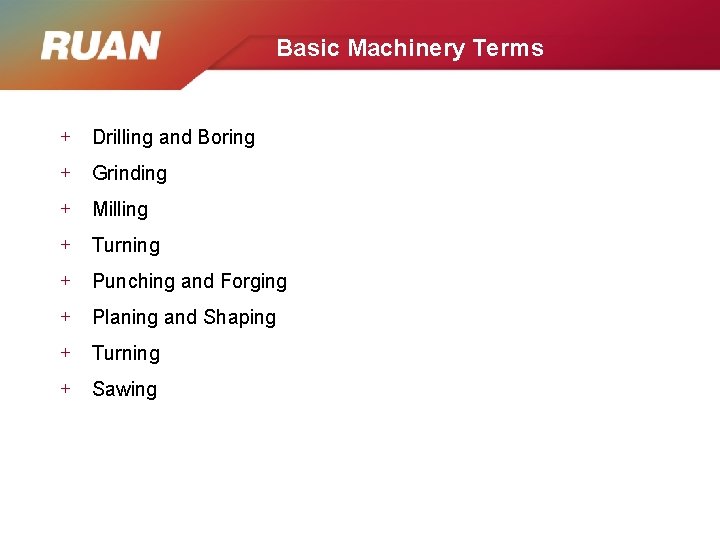 Basic Machinery Terms + Drilling and Boring + Grinding + Milling + Turning +