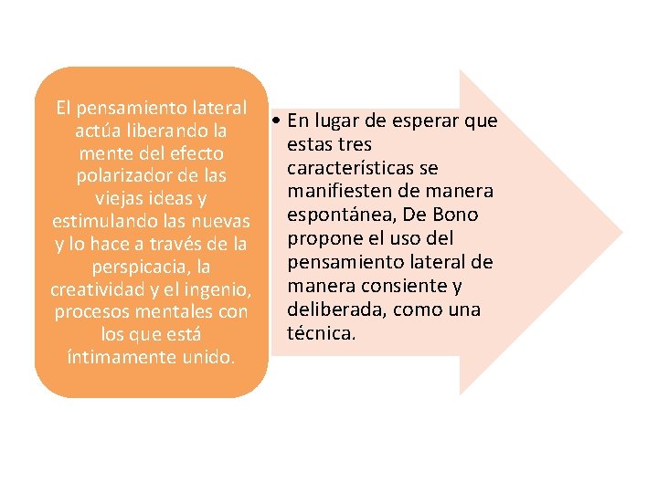 El pensamiento lateral • En lugar de esperar que actúa liberando la estas tres