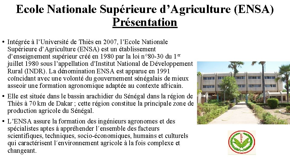 Ecole Nationale Supérieure d’Agriculture (ENSA) Présentation • Intégrée à l’Université de Thiès en 2007,