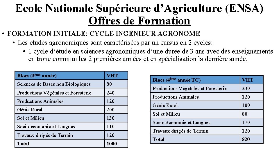 Ecole Nationale Supérieure d’Agriculture (ENSA) Offres de Formation • FORMATION INITIALE: CYCLE INGÉNIEUR AGRONOME