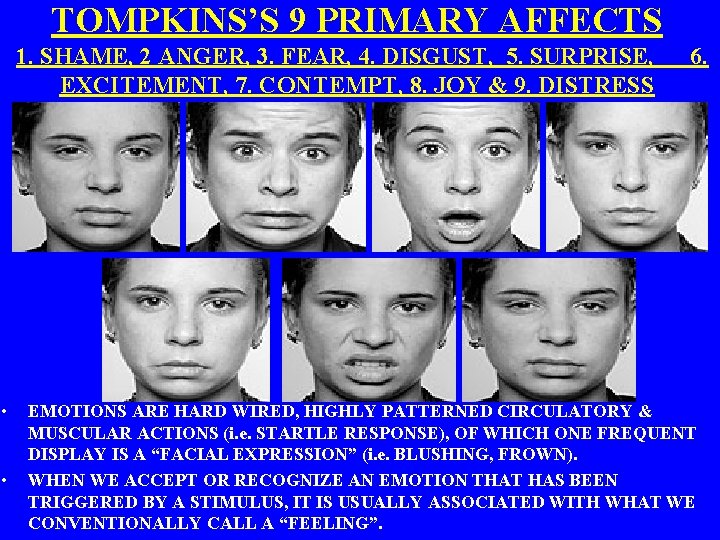 TOMPKINS’S 9 PRIMARY AFFECTS 1. SHAME, 2 ANGER, 3. FEAR, 4. DISGUST, 5. SURPRISE,