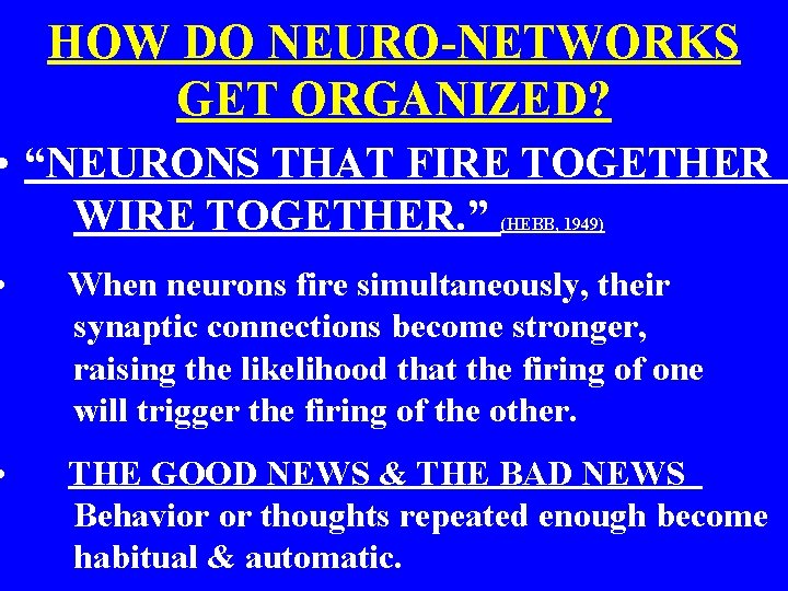 HOW DO NEURO-NETWORKS GET ORGANIZED? • “NEURONS THAT FIRE TOGETHER WIRE TOGETHER. ” (HEBB,