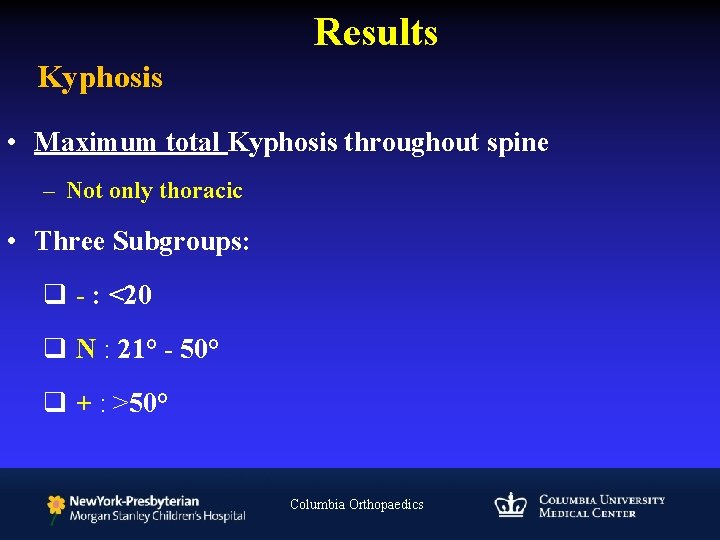 Results Kyphosis • Maximum total Kyphosis throughout spine – Not only thoracic • Three