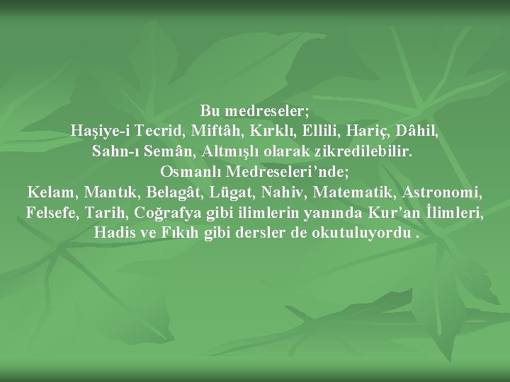 Bu medreseler; Haşiye-i Tecrid, Miftâh, Kırklı, Ellili, Hariç, Dâhil, Sahn-ı Semân, Altmışlı olarak zikredilebilir.