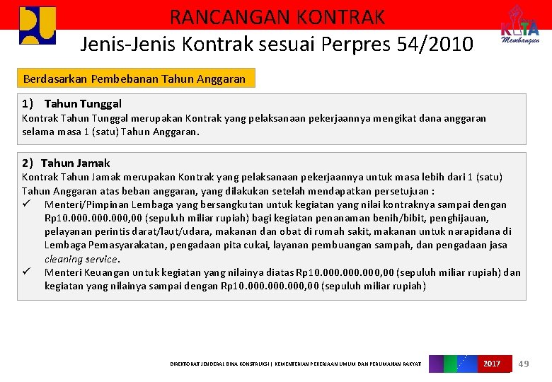 RANCANGAN KONTRAK Jenis-Jenis Kontrak sesuai Perpres 54/2010 Berdasarkan Pembebanan Tahun Anggaran 1) Tahun Tunggal