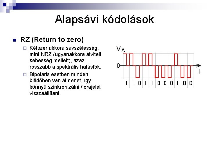 Alapsávi kódolások n RZ (Return to zero) Kétszer akkora sávszélesség, mint NRZ (ugyanakkora átviteli