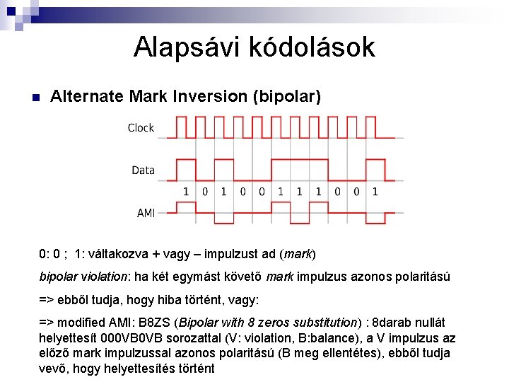 Alapsávi kódolások n Alternate Mark Inversion (bipolar) 0: 0 ; 1: váltakozva + vagy