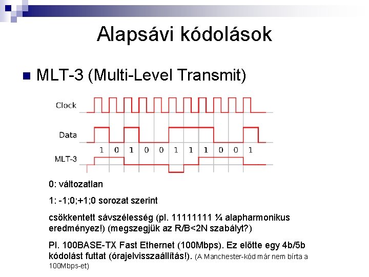 Alapsávi kódolások n MLT-3 (Multi-Level Transmit) 0: változatlan 1: -1; 0; +1; 0 sorozat