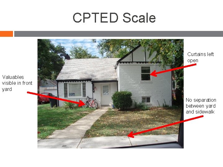 CPTED Scale Curtains left open Valuables visible in front yard No separation between yard