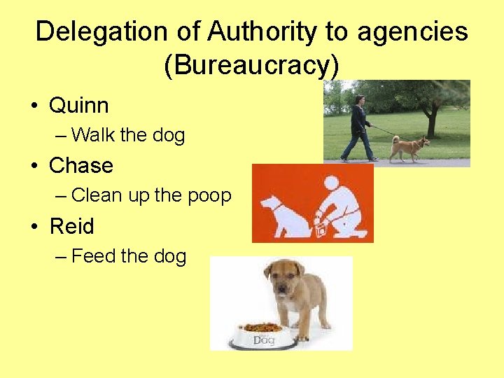 Delegation of Authority to agencies (Bureaucracy) • Quinn – Walk the dog • Chase