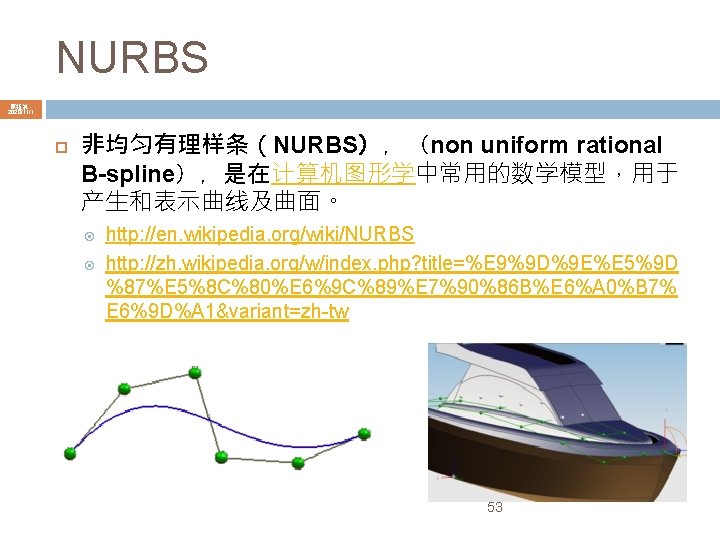 NURBS 陳鍾誠 2020/11/1 非均匀有理样条（NURBS），（non uniform rational B-spline），是在计算机图形学中常用的数学模型，用于 产生和表示曲线及曲面。 http: //en. wikipedia. org/wiki/NURBS http: //zh.