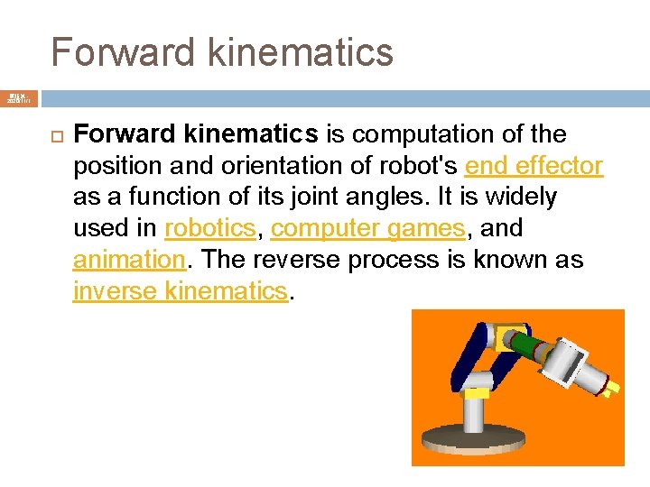 Forward kinematics 陳鍾誠 2020/11/1 Forward kinematics is computation of the position and orientation of