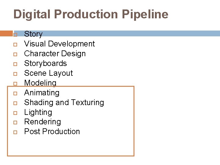 Digital Production Pipeline Story Visual Development Character Design Storyboards Scene Layout Modeling Animating Shading