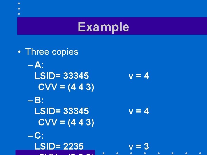 Example • Three copies – A: LSID= 33345 CVV = (4 4 3) –