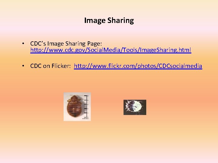 Image Sharing • CDC’s Image Sharing Page: http: //www. cdc. gov/Social. Media/Tools/Image. Sharing. html