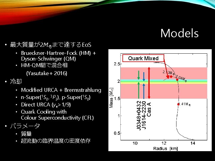 Models • 最大質量が2 M 8まで達するEo. S • Brueckner-Hartree-Fock (HM) + Dyson-Schwinger (QM) • HM-QM間で混合相