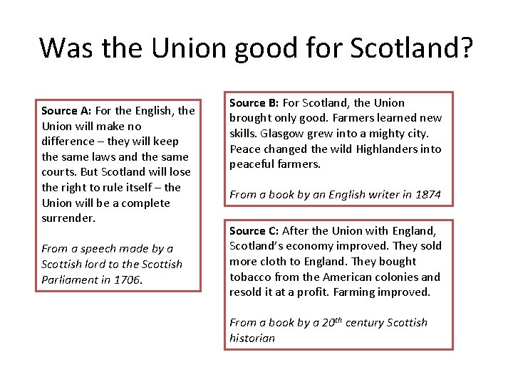 Was the Union good for Scotland? Source A: For the English, the Union will
