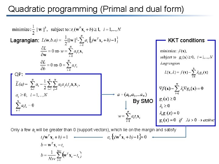 Quadratic programming (Primal and dual form) Lagrangian: KKT conditions QP: By SMO Only a