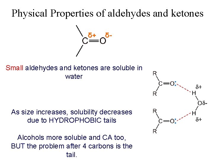 Physical Properties of aldehydes and ketones δ+ δ- Small aldehydes and ketones are soluble