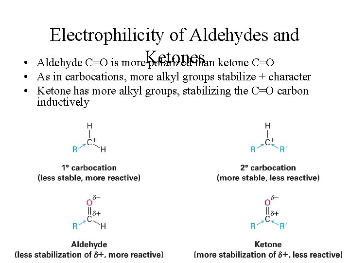 Electrophilicity of Aldehydes and Aldehyde C=O is more. Ketones polarized than ketone C=O •