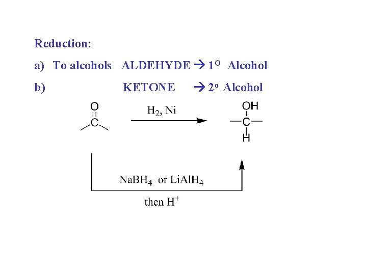 Reduction: a) To alcohols ALDEHYDE 1 O Alcohol b) KETONE 2 o Alcohol 